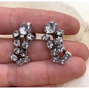 Vintage Coro Signed Clear Rhinestone Silver Tone Screw Back Earrings 1960s‎